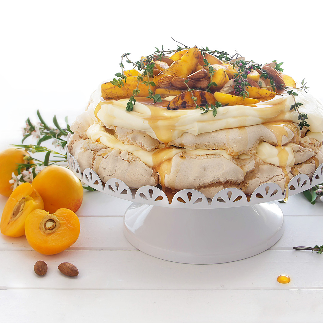 Pavlova with Grilled Nectacots, Thyme & Orange Syrup Form Home